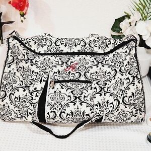 BELVAH Quilted White & Black Floral Duffle Bag With An A Stitched in Red